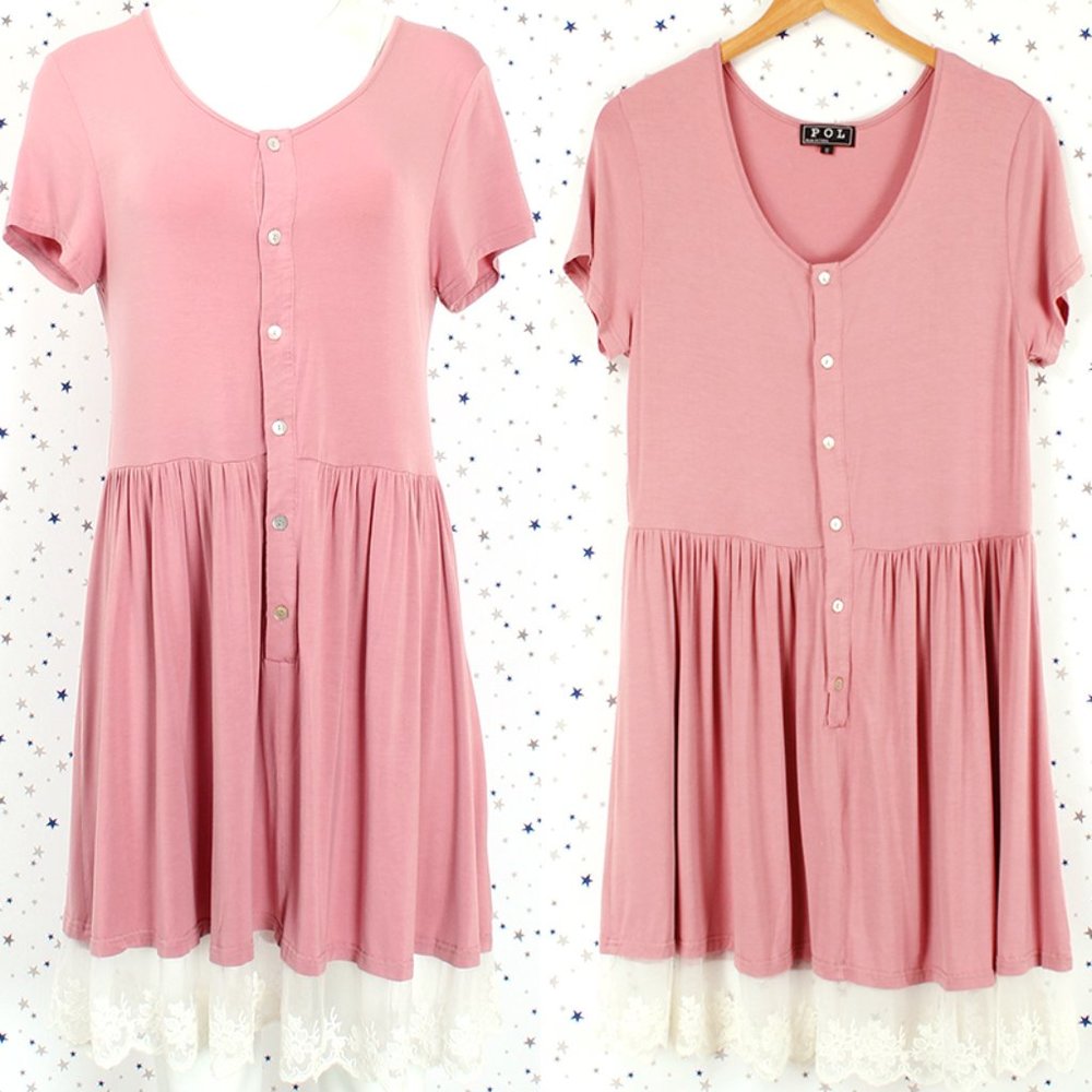 Short Sleeve Lace Hem Dress Knit Boho Pink